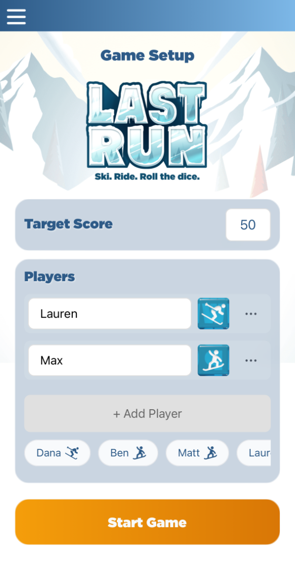 Last Run app - New game setup