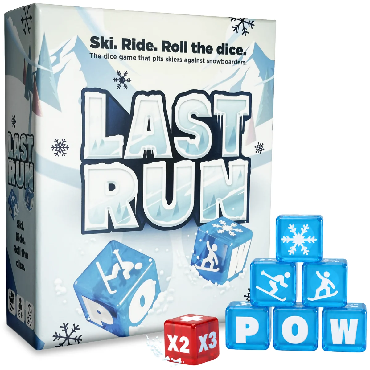 Last Run ski and snowboard dice game box with POW dice and the Last Run die