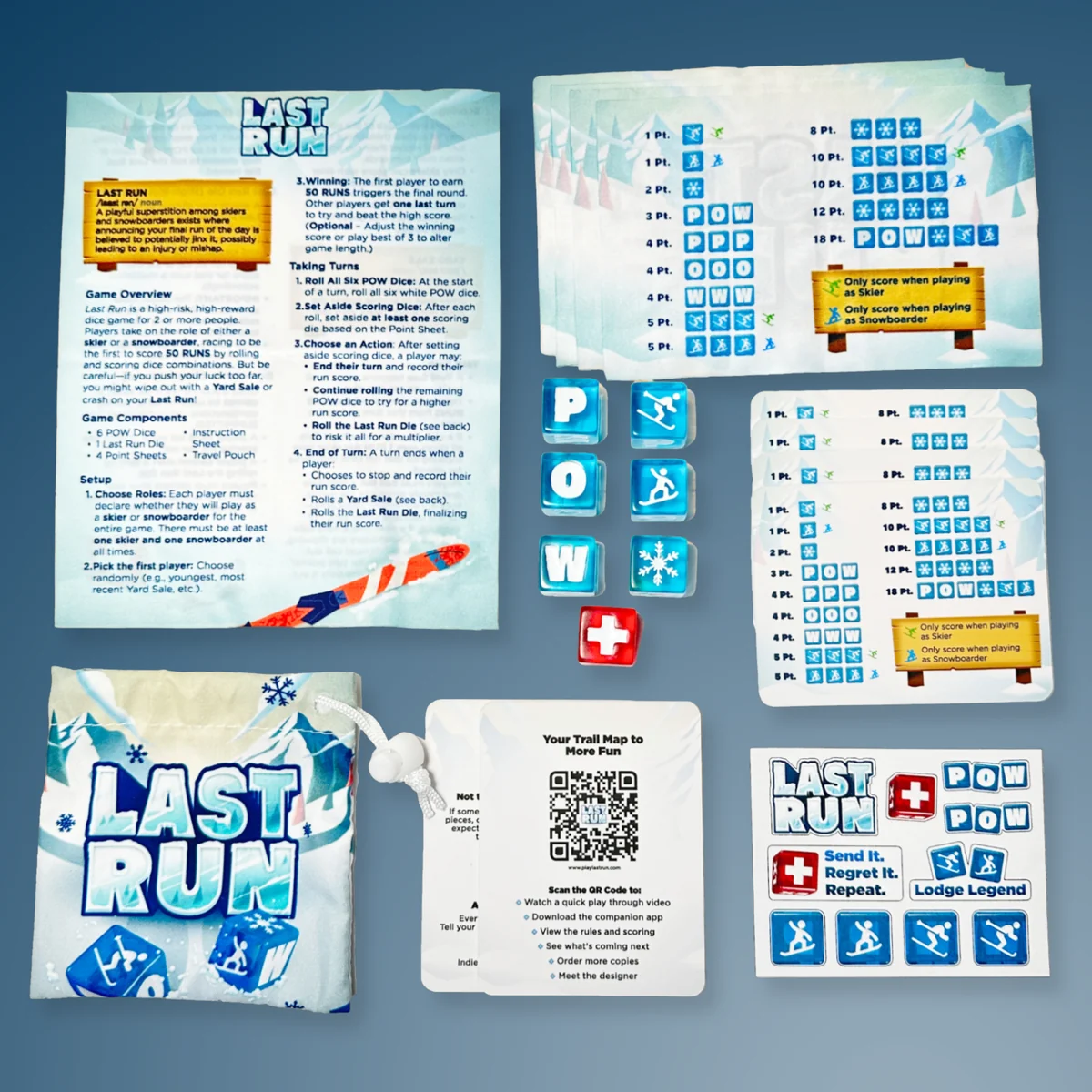 Everything in the box: instructions, scoring guides, dice, travel pouch and cards