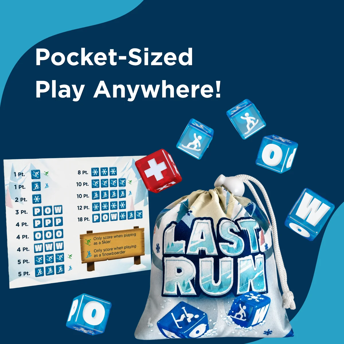 Last Run travel pouch with dice and scoring guide card for pocket-sized play